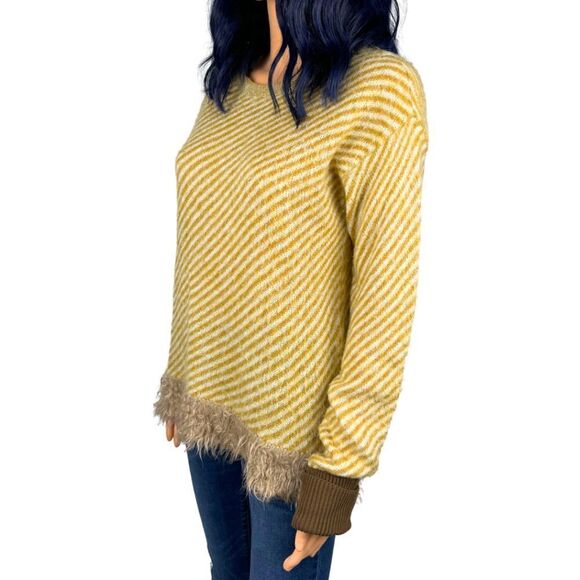 TELA Women's Striped Knit Sweater Fur Trim Mohair Wool - Picture 4 of 6